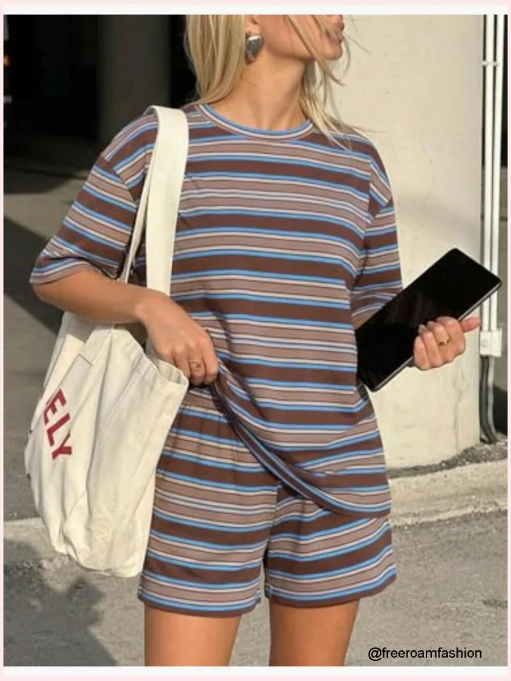 Women's 2 Piece Short Set Striped Loose Fit Lounge Matching Airport Travel